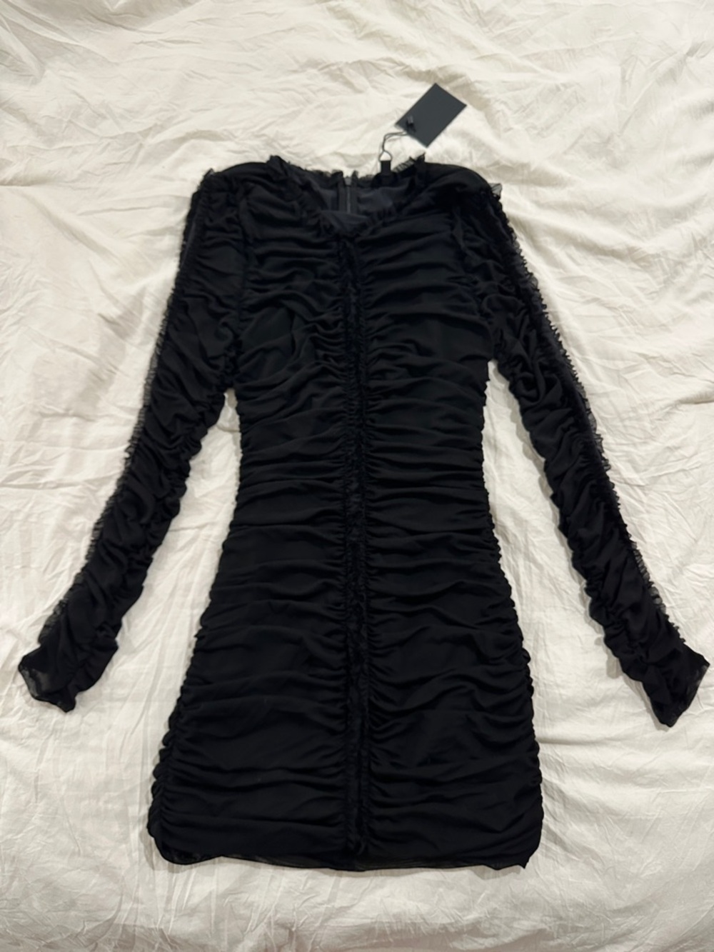 NBD Black Ruched Long-Sleeve Mini Dress